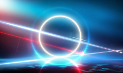 Empty Dark Futuristic Sci Fi Big Hall Room With Lights And Circle Shaped Neon Light. Dark neon background, empty stage, abstract dark background. Neon circle, reflection