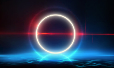 Empty Dark Futuristic Sci Fi Big Hall Room With Lights And Circle Shaped Neon Light. Dark neon background, empty stage, abstract dark background. Neon circle, reflection