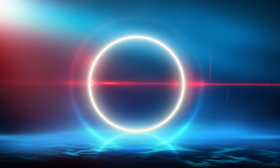Empty Dark Futuristic Sci Fi Big Hall Room With Lights And Circle Shaped Neon Light. Dark neon background, empty stage, abstract dark background. Neon circle, reflection