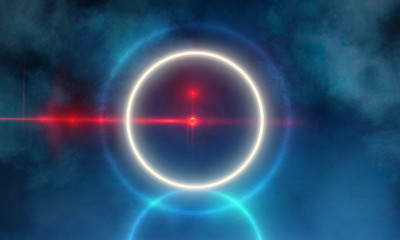 Empty Dark Futuristic Sci Fi Big Hall Room With Lights And Circle Shaped Neon Light. Dark neon background, empty stage, abstract dark background. Neon circle, reflection