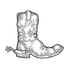 Cowboy boot with spur engraving vector illustration. Scratch board style imitation. Black and white hand drawn image. - obrazy, fototapety, plakaty