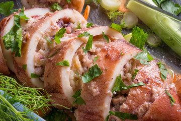Stuffed squid sliced