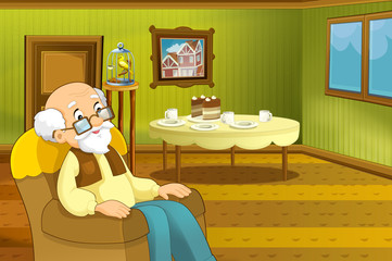 Cartoon scene of house interior living room with older man - grand father - hall - illustration for children