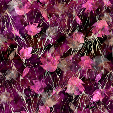 Fototapeta Vintage seamless watercolor pattern of plants, Herbs, flowers, poppy, rose, peony. red, burgundy, black, white flowers watercolor.  stylish pattern. Abstract paint splash. Trendy background, grunge. 
