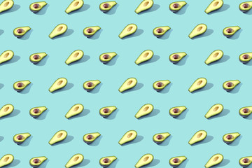 Many halves of avocado, pattern, banner. Blank bright background, blue purple pastel color.