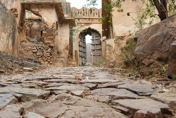 Bundi, Rajasthan, India. The narrow cobblestone path leading to the Taragarh Fort