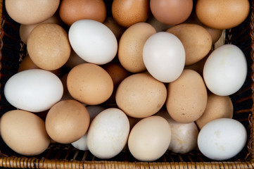 Top view of chicken eggs in a basket