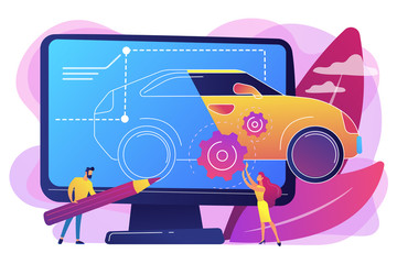 Industrial designers at computer drawing blueprint of modern car. Industrial design, product usability design, ergonomics development concept. Bright vibrant violet vector isolated illustration