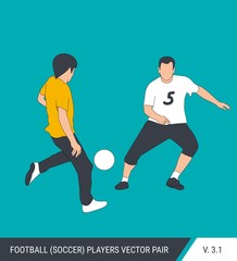 Two football opponents from different teams are fighting for the ball. Soccer players are fighting for the ball. Colorful vector illustration.