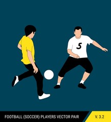 Two football opponents from different teams are fighting for the ball. Soccer players are fighting for the ball. Colorful vector illustration.