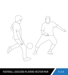 Two football opponents from different teams are fighting for the ball. Soccer players are fighting for the ball. Outline silhouettes, vector illustration. Can be used as a coloring books.
