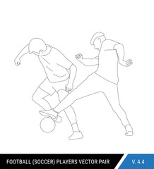 Two football opponents from different teams are fighting for the ball. Soccer players are fighting for the ball. Outline silhouettes, vector illustration. Can be used as a coloring books.
