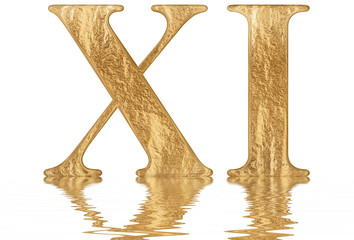 Roman numeral XI, undecim, 11, eleven, reflected on the water surface, isolated on  white, 3d render