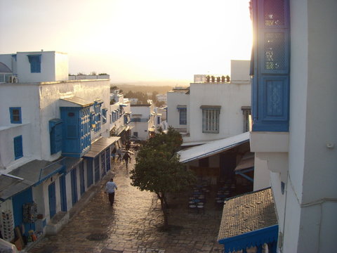 Sidi Bou Said, Tunisia - April 15, 2018: Typical street of blue and white houses of the Tunisian town of Sidi Boud Said.