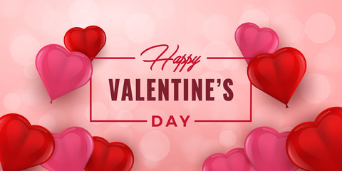 Valentine&rsquo;s Day hand drawn typography with 3D hearts. Valentines Day wide background and heart shaped balloons. Holiday greeting card, poster, banner, logo, sales, promo. Vector Illustration.