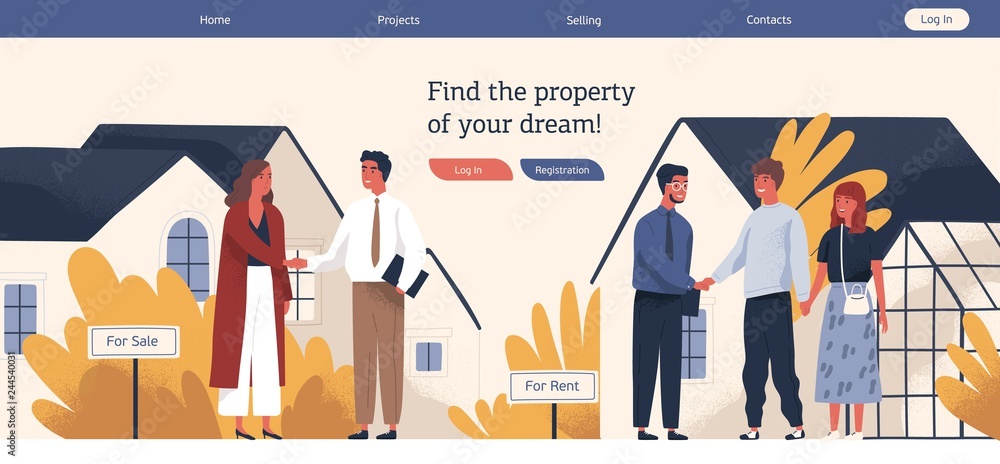 Poster web banner template with real estate agent or broker shaking hands with people buying or renting hou