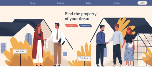 Web banner template with real estate agent or broker shaking hands with people buying or renting house. Colorful vector illustration in flat cartoon style for advertisement of property selling.