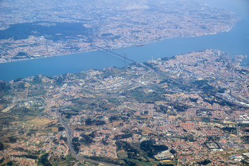 The air view of Lisbon on the both shores of Tagus river. Lisbon. Portugal