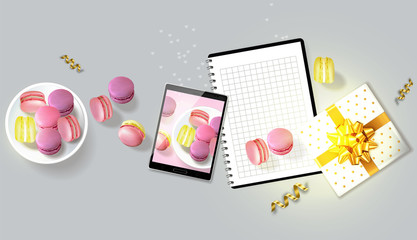 Macaroons gift realistic Vector. Tablet and notesbook template layout 3d illustration. Menu dessert label product placements