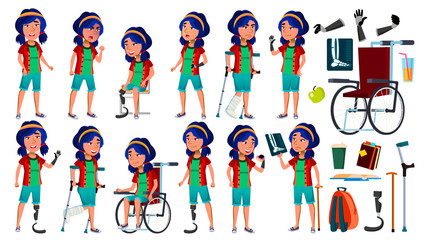 Asian Girl Poses Set Vector. Teenage. Health Concept. Cyborg, Hybrid. Wheelchair. Amputation Prosthesis. For Web, Poster, Booklet Design. Isolated Cartoon Illustration