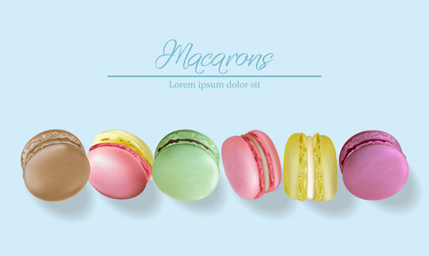 Colorful macaroons realistic Vector. Banner template layout 3d illustration. Menu dessert label product placements