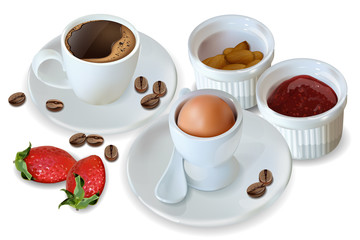 Breakfast coffee, egg, jam Vector realistic. 3d detailed menu template. Strawberry jam flavor. delicious desserts posters