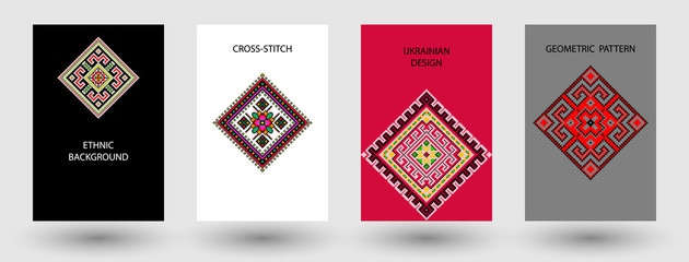 Set of ethnic background in cross-stitch style.  Traditional ukrainian decor. - obrazy, fototapety, plakaty