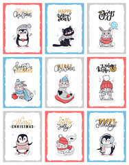 Cristmas Cartoon Cards with Animals Penguin, Cat