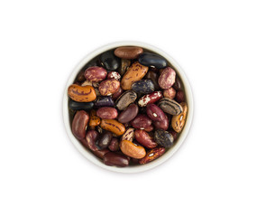 Kidney beans isolated on white background. Top view. Kidney beans in a wooden bowl isolated on white background. Kidney beans with copy space for text.