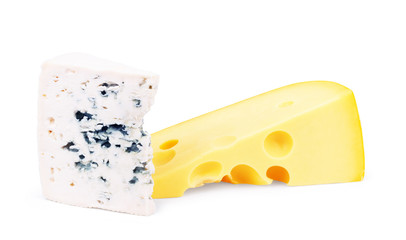 Two types of cheese on a white background