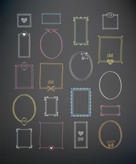 Set of elements for Valentine's, Mother's Day, birthday, wedding. Hand drawn vintage frames with chalk on the blackboard. Doodles, sketch for your design. Vector illustration.