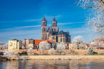 First frost over amazing sunrise in Magdeburg downtown in Winter, Germany, sunny day, morning