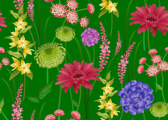 Seamless pattern with spring flowers on green background.