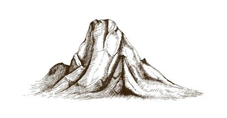 Mountain top or summit hand drawn with contour lines on white background. Elegant vintage drawing of rocky cliff or mount. Monochrome vector illustration in engraving, etching or woodcut style.