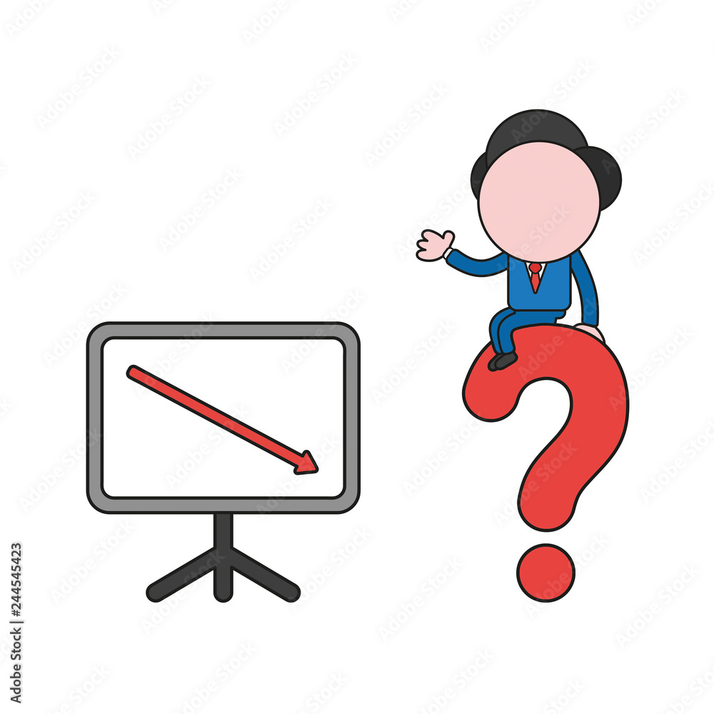 Poster vector businessman character with sales chart moving down and sitting on question mark. color and bl