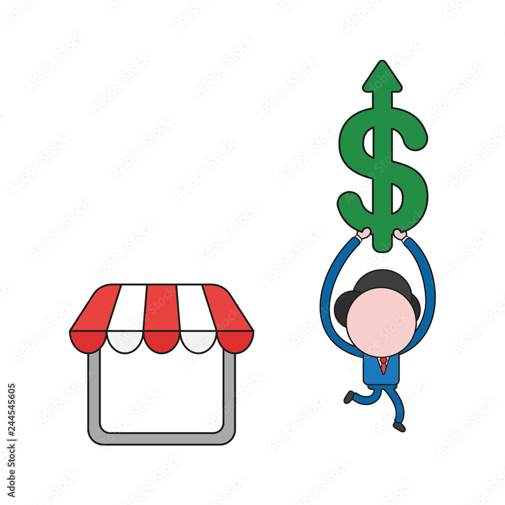 Poster vector businessman character with shop store and running and carrying dollar arrow moving up. color 