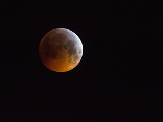 Amsterdam, The Netherlands - January 21, 2019: Super blood wolf moon, moon eclipse on sky