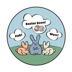 Round composition depicting three rabbits on the lawn. They're thinking about Easter. Vector illustration EPS10