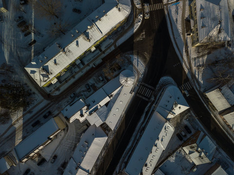 Aerial view of small town in Lithuania, Joniskis. Sunny winter day.