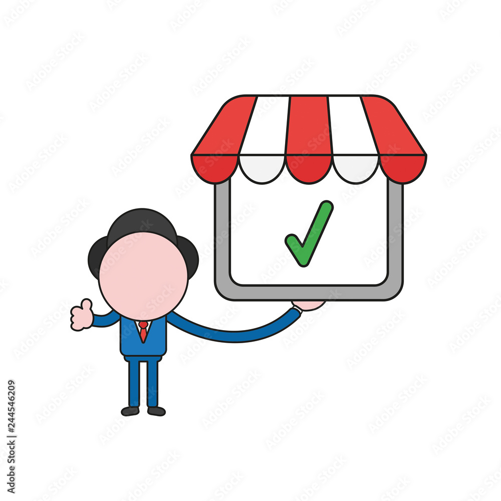 Poster vector businessman character holding shop store with check mark and gesturing thumbs up. color and b