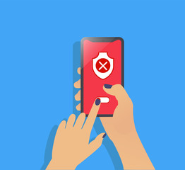 Mobile security app on smartphone screen. Blue colors background with hand. User touch screen. Flat design, concept of smartphone security, personal access, user authorization. Vector illustration. 