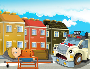 Fototapeta na wymiar cartoon scene in the city with doctor car happy ambulance and man injured on stretcher - illustration for children