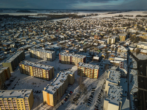 Aerial view of small town in Lithuania, Joniskis. Sunny winter day.
