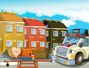 cartoon scene in the city with doctor car happy ambulance and man injured on stretcher - illustration for children