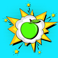 Pop art background. Blast text bubble. Proper nutrition, green apple. Vector