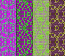Set Of Floral Pattern. Seamless Ornament. Arabesque. Vector Illustration. Purple Color. For Design, Invitation Wedding, Valentine's, Background, Wallpaper