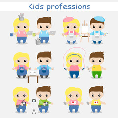 Set of cute cartoon children in professions. Kids in professions. Vector illustration