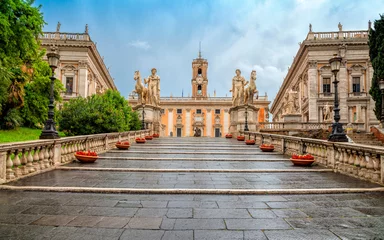 Michelangelo-trap naar het Capitolijnse plein (Piazza del Campidoglio) bovenop de Capitolijnse heuvel, Rome, Italië. Rome architectuur en mijlpaal. Rome stadsgezicht. © Vladimir Sazonov