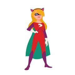 Cat girl or supergirl. Beautiful smiling blonde child wearing bodysuit and mask with super powers. Brave and confident comic or fantastic character. Colored vector illustration in flat cartoon style.