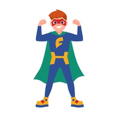 Superboy or superchild. Cute boy wearing mask, bodysuit and cape standing in powerful posture. Brave and strong kid hero or secret agent with super power. Vector illustration in flat cartoon style.